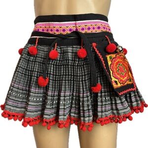 Playful Pom-Pom Embellished Embroidered Wraparound Skirt Pocket Bell Closure